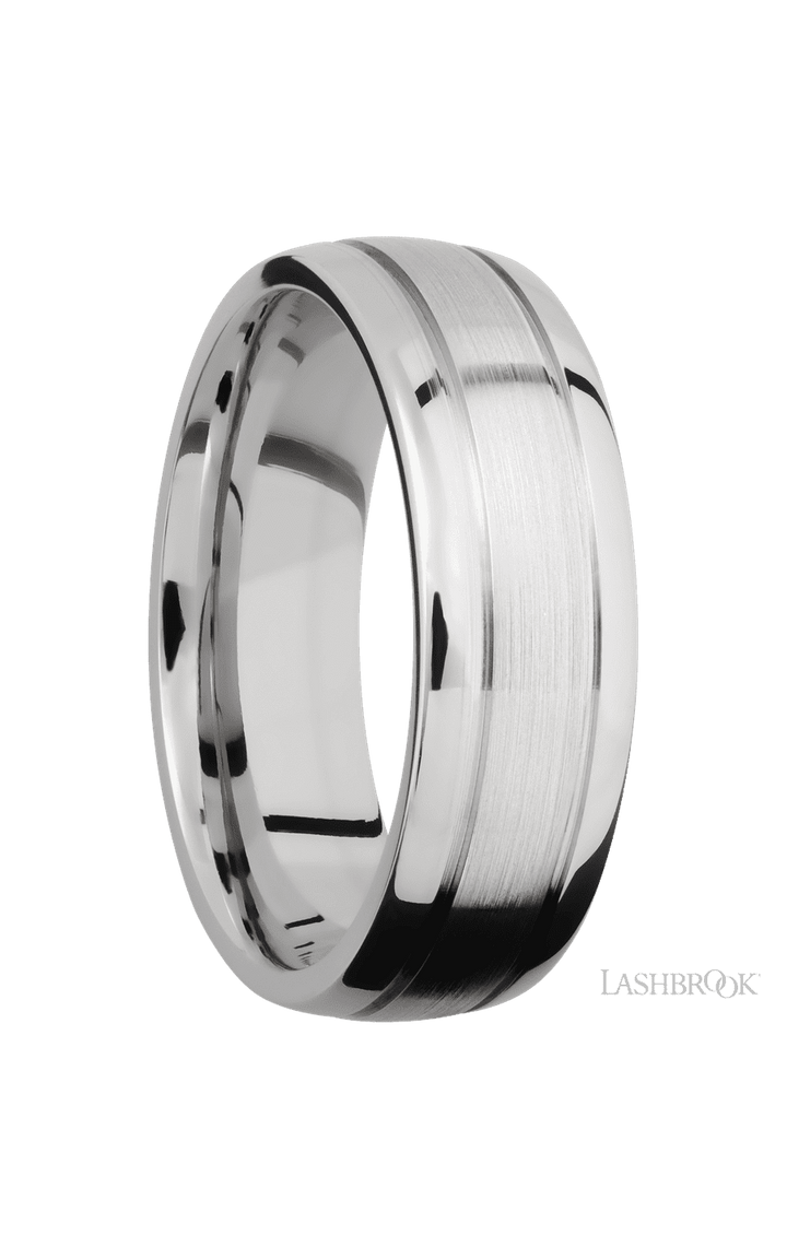 7 mm wide Domed with two accent grooves 14K White Gold band.