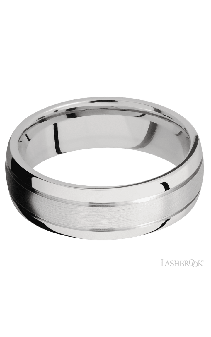 7 mm wide Domed with two accent grooves 14K White Gold band.