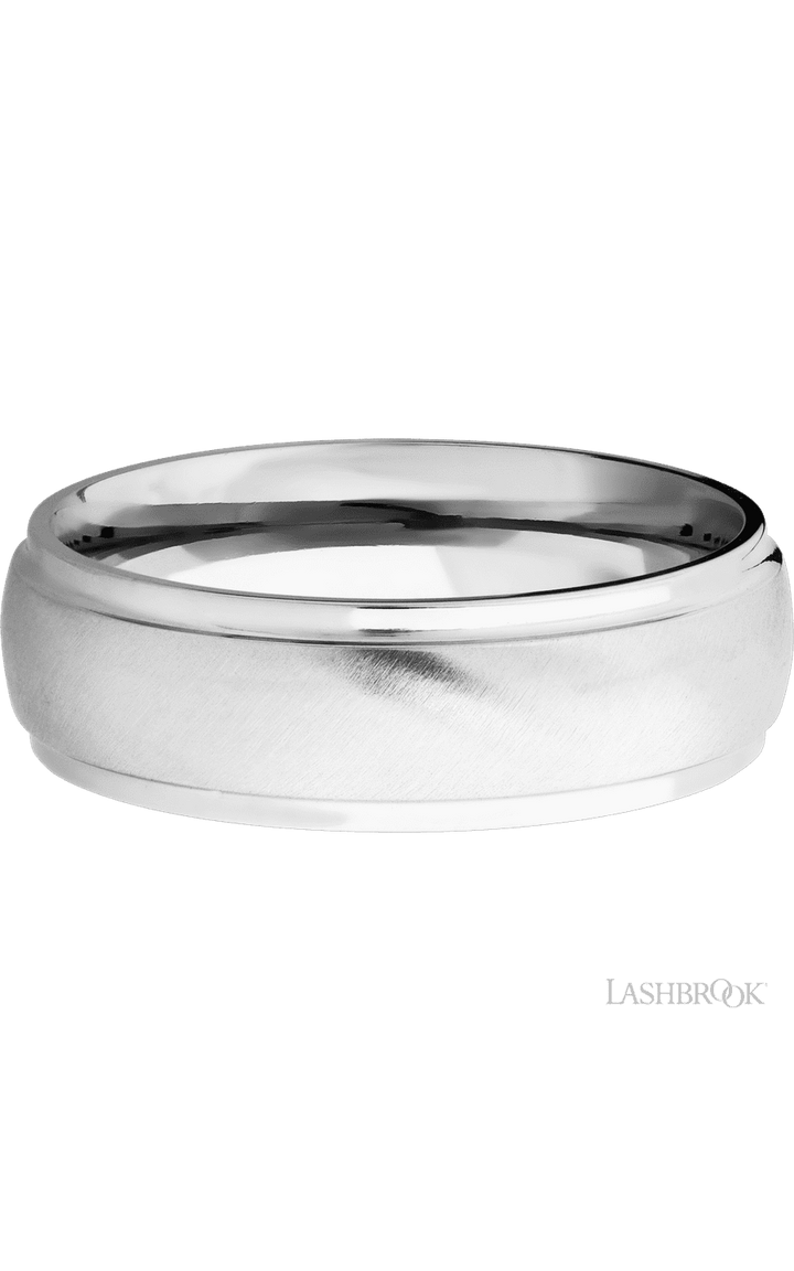 7 mm wide Domed Stepped Down Edges 14K White Gold band.