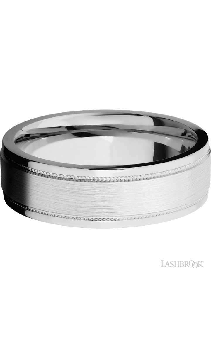 7 mm wide Flat Stepped Edges Milgrain 14K White Gold band.