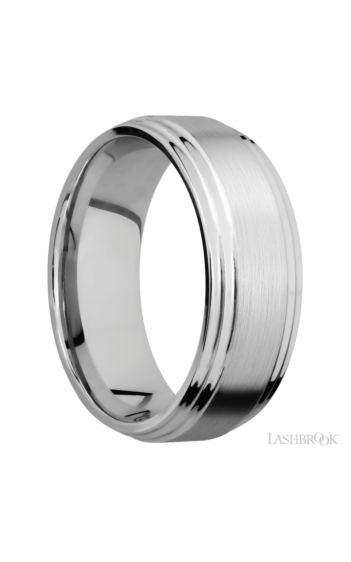 8 mm wide Flat Double Stepped Edges 14K White Gold band.