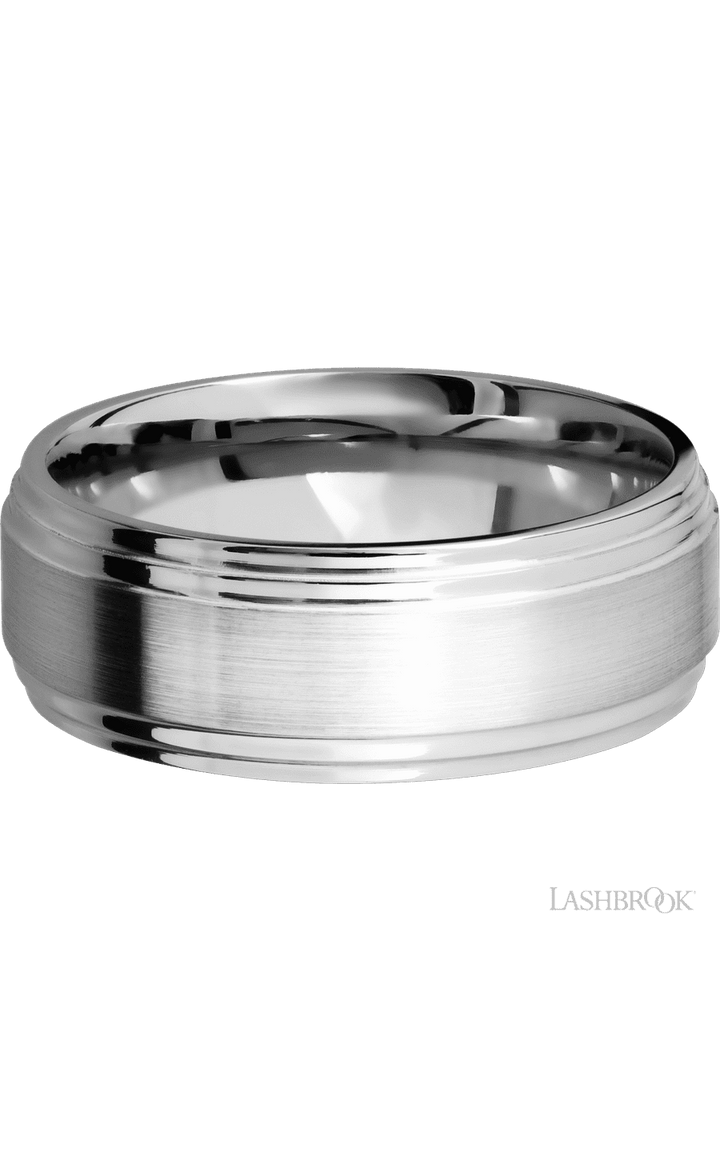 8 mm wide Flat Double Stepped Edges 14K White Gold band.
