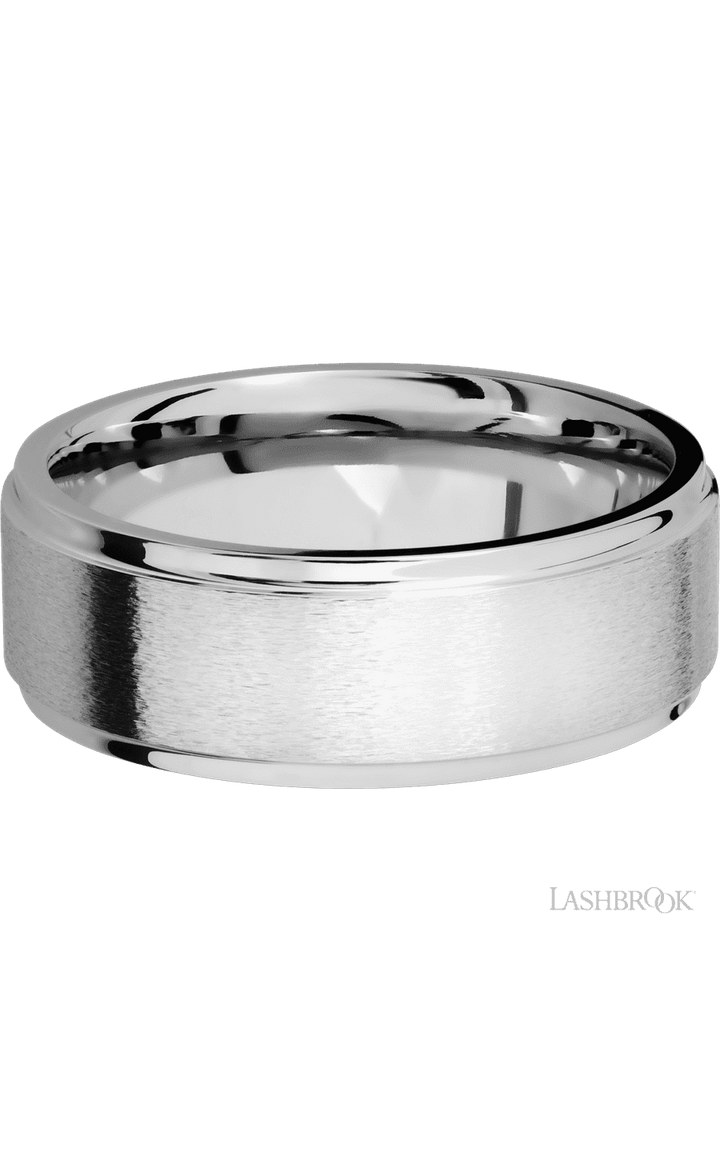 8 mm wide Flat Grooved Edges 14K White Gold band.