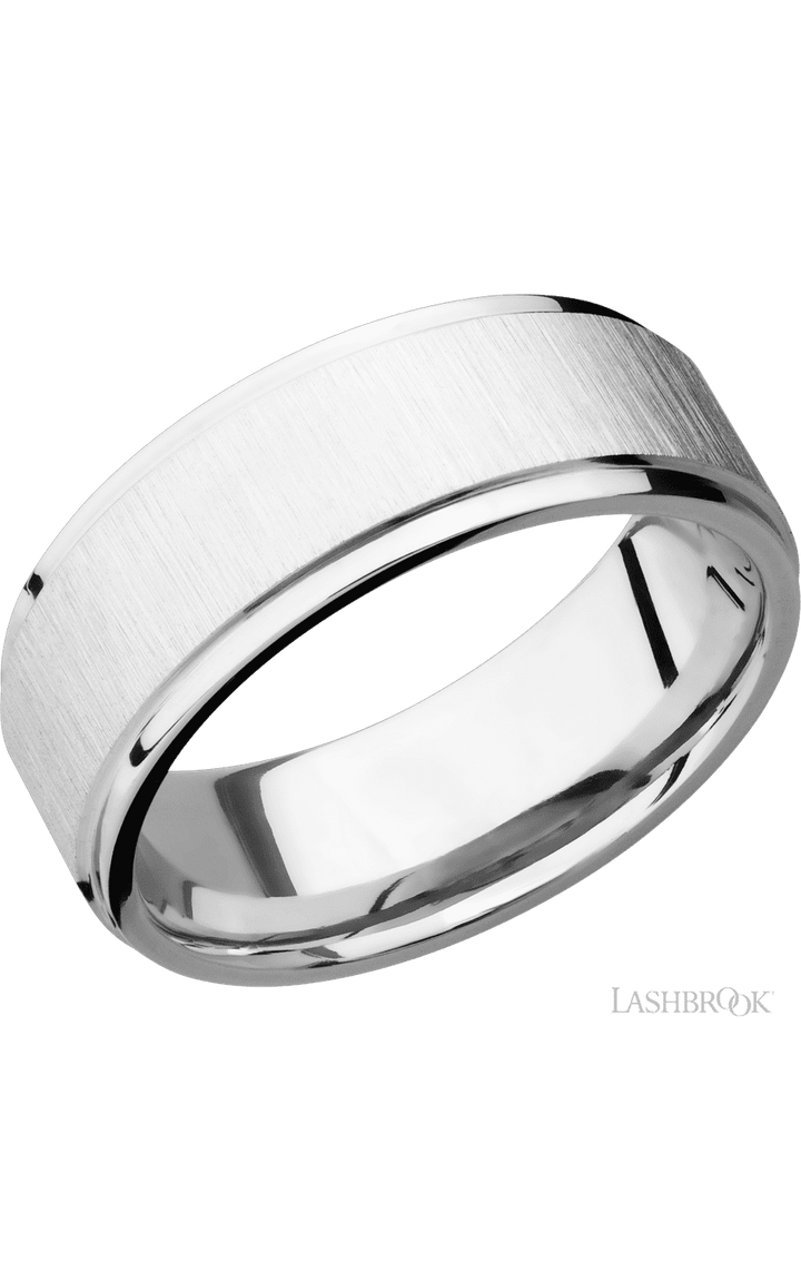 8 mm wide Flat Grooved Edges 14K White Gold band.