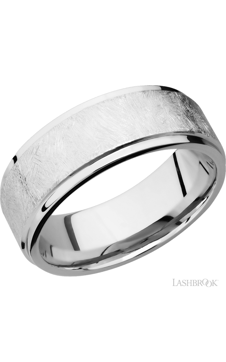 8 mm wide Flat Grooved Edges 14K White Gold band.