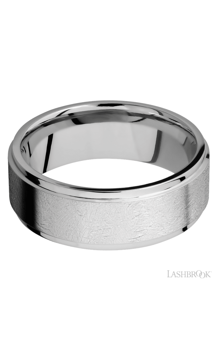 8 mm wide Flat Grooved Edges 14K White Gold band.