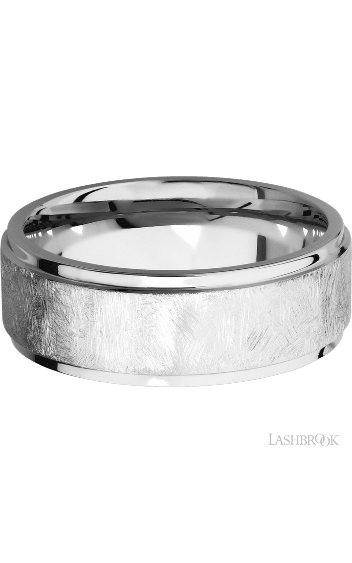 8 mm wide Flat Grooved Edges 14K White Gold band.