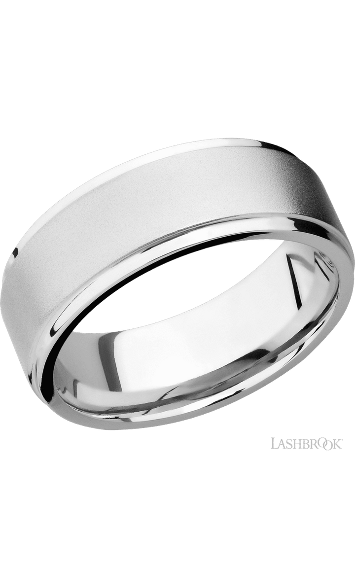 8 mm wide Flat Grooved Edges 14K White Gold band.