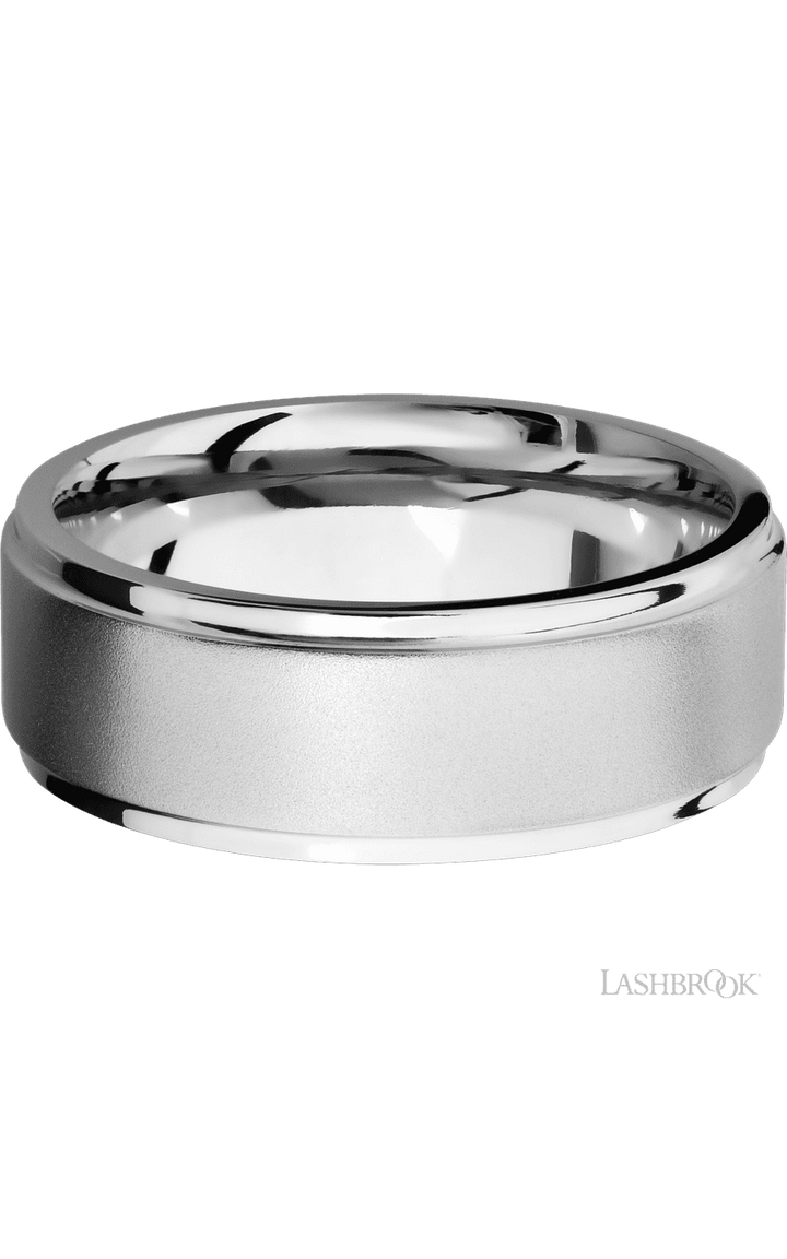 8 mm wide Flat Grooved Edges 14K White Gold band.