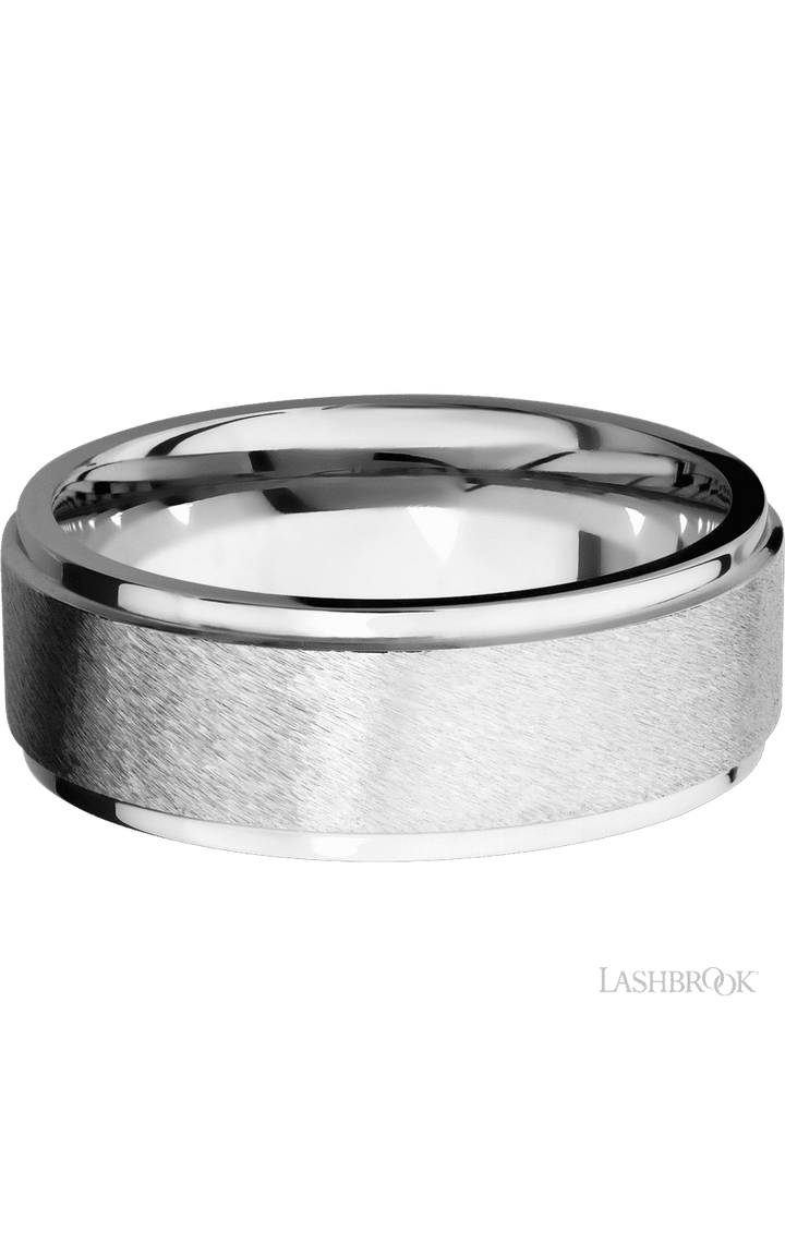 8 mm wide Flat Grooved Edges 14K White Gold band.