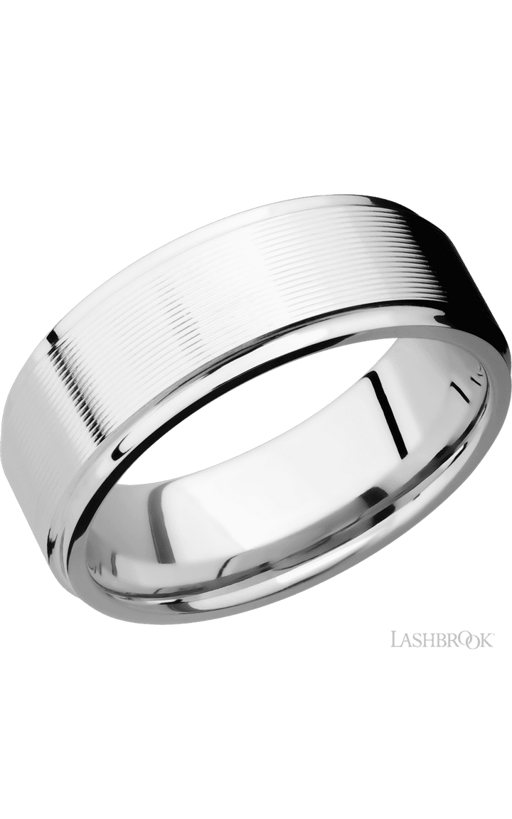 8 mm wide Flat Grooved Edges 14K White Gold band.