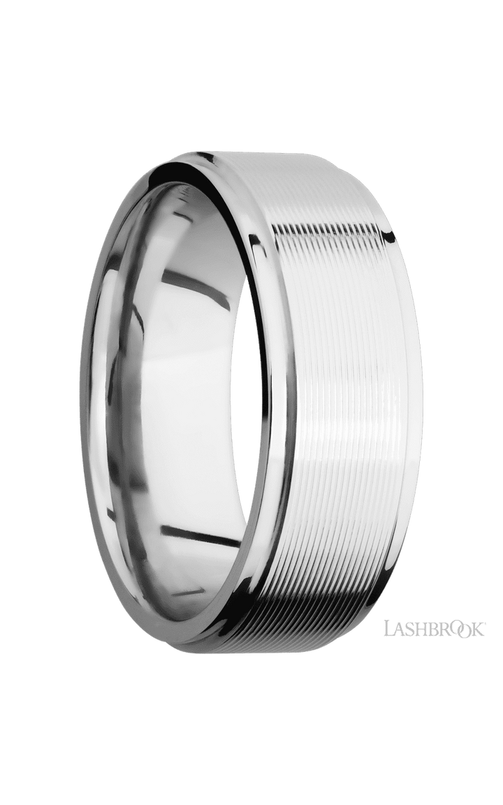 8 mm wide Flat Grooved Edges 14K White Gold band.