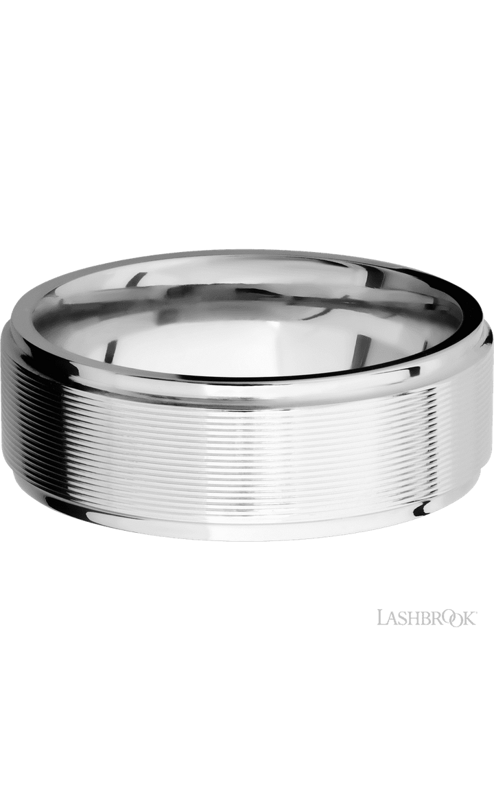 8 mm wide Flat Grooved Edges 14K White Gold band.