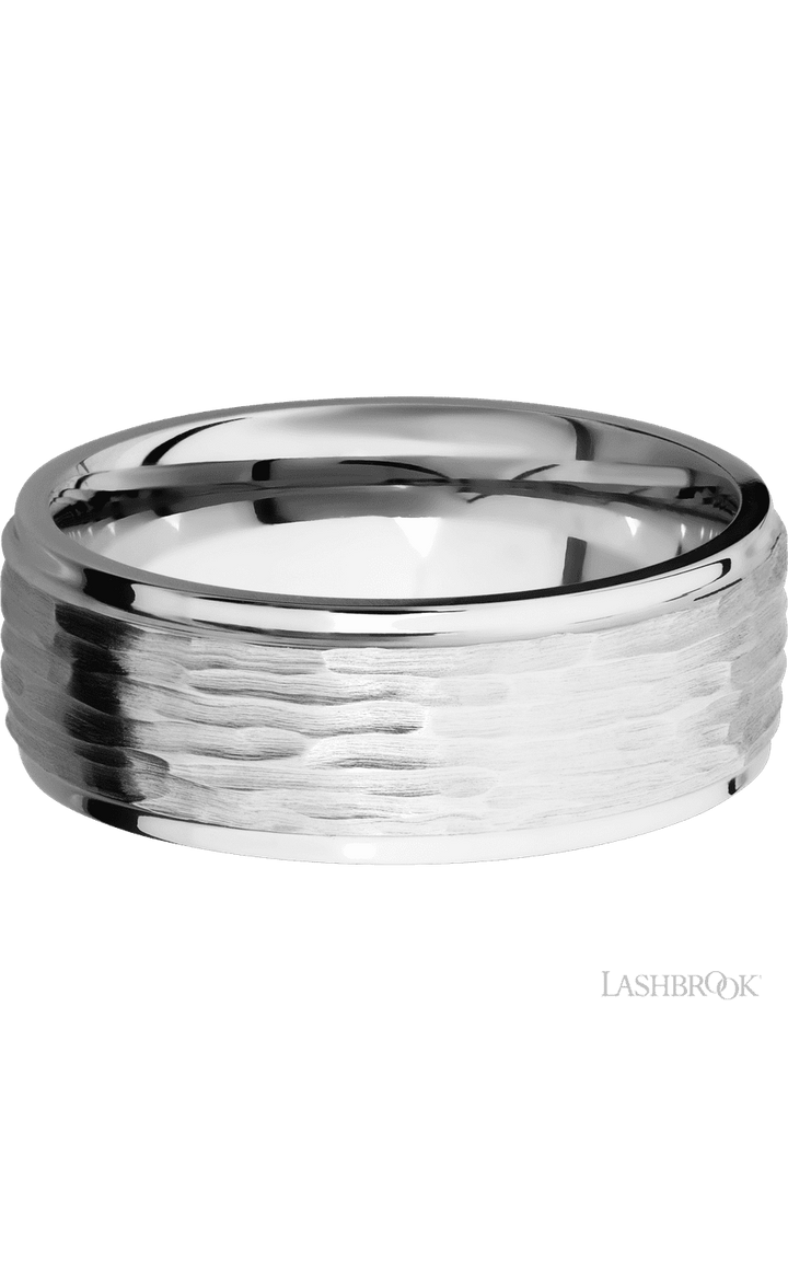 8 mm wide Flat Grooved Edges 14K White Gold band.