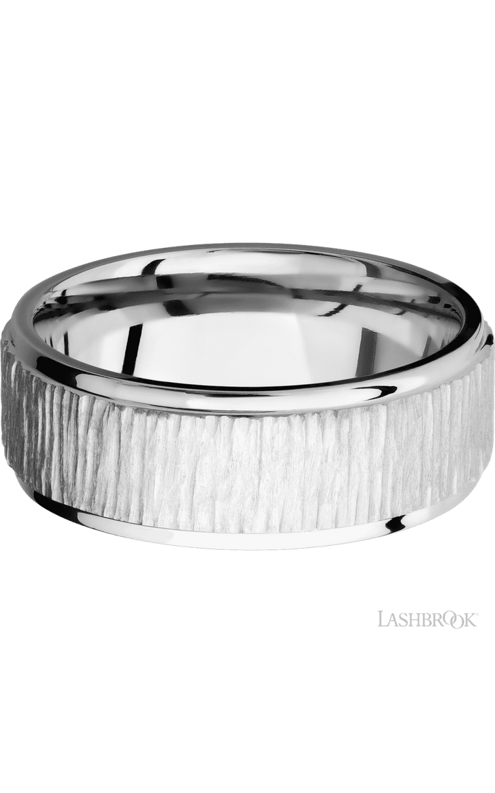 8 mm wide Flat Grooved Edges 14K White Gold band.