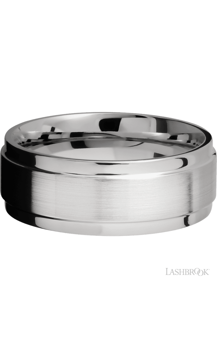 8 mm wide Flat Wide Grooved Edges 14K White Gold band.