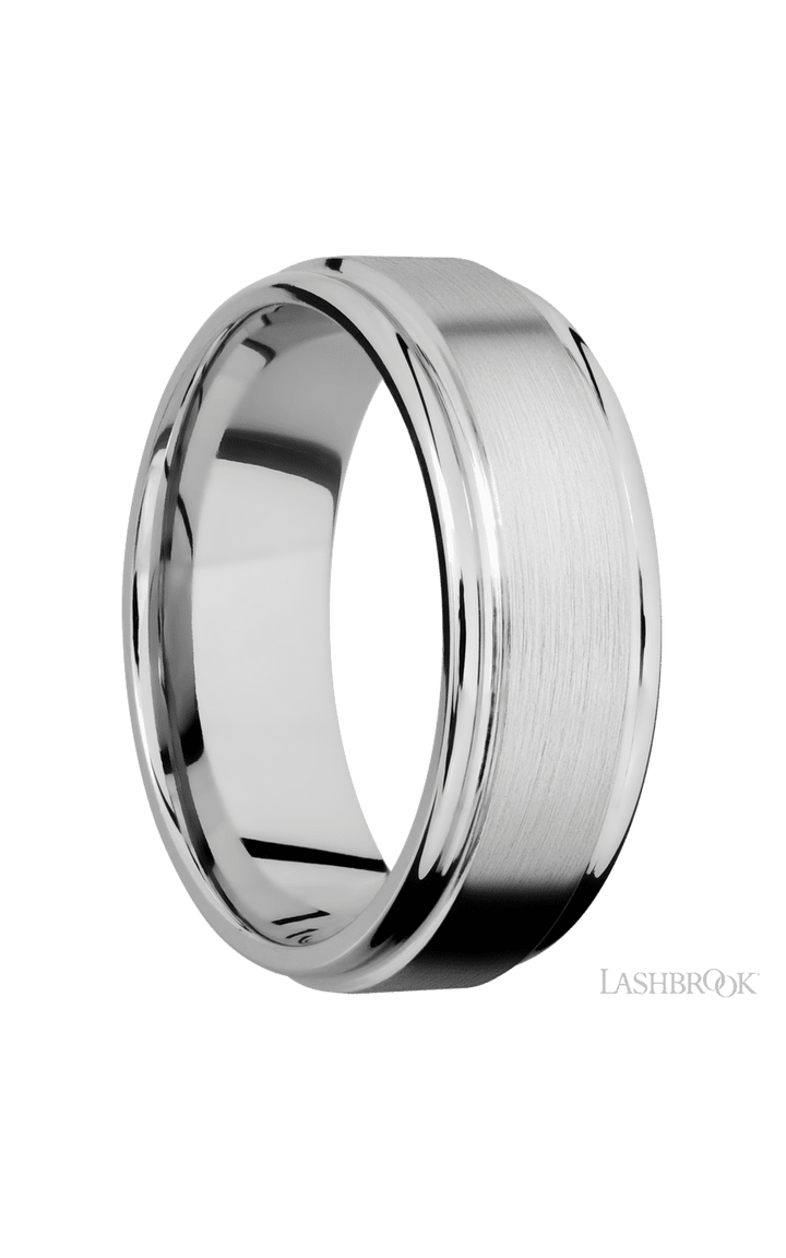 8 mm wide Flat Rounded Edges 14K White Gold band.