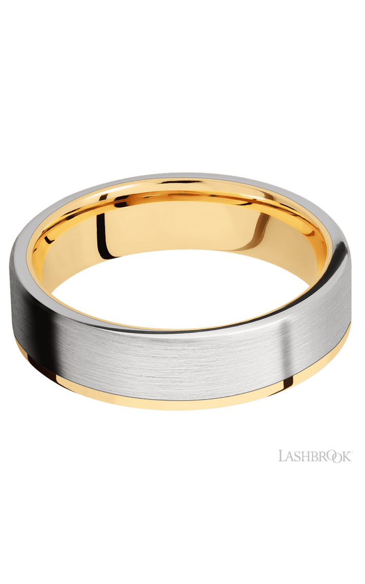 6 mm wide/Flat/14K Yellow Gold band with one 5 mm Off Center Edge inlay of Cobalt Chrome.