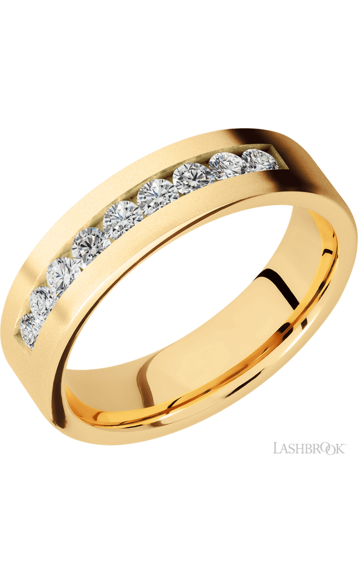 6 mm wide/Flat/14K Yellow Gold band with an  arrangement of 9, .07 carat Round Diamond stones in a Channel setting.