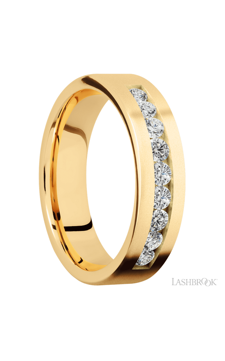6 mm wide/Flat/14K Yellow Gold band with an  arrangement of 9, .07 carat Round Diamond stones in a Channel setting.