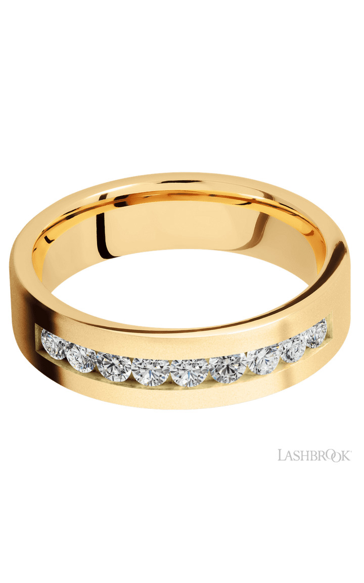 6 mm wide/Flat/14K Yellow Gold band with an  arrangement of 9, .07 carat Round Diamond stones in a Channel setting.