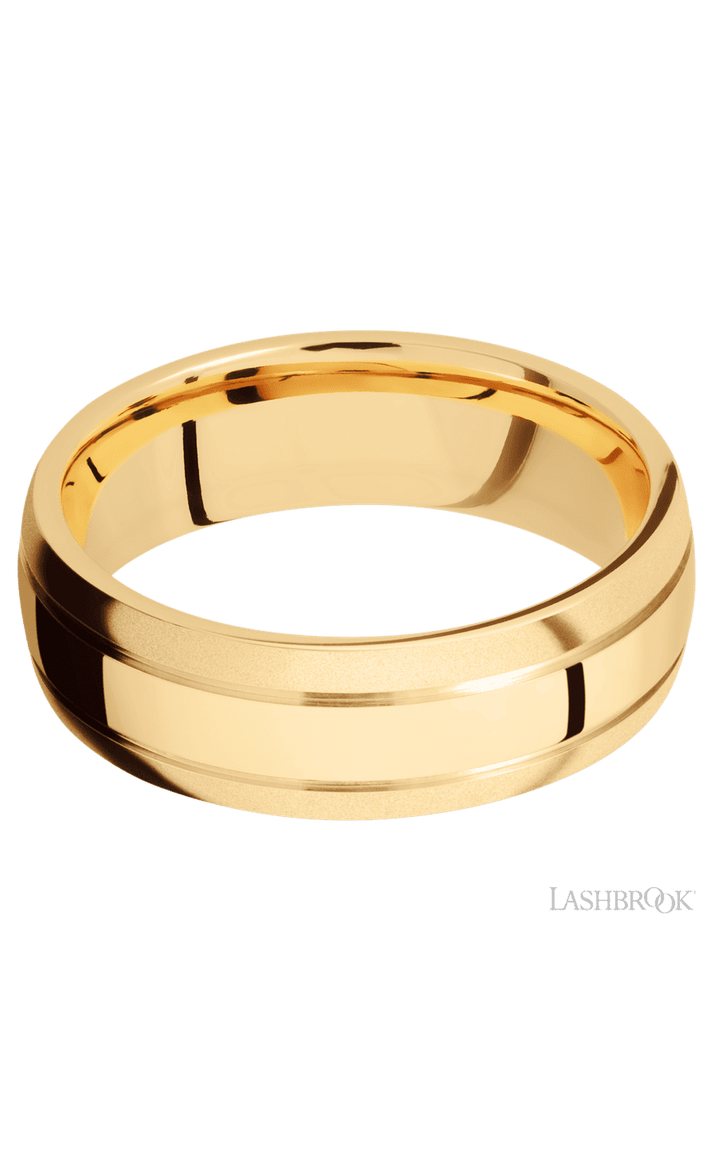 7 mm wide Domed with two accent grooves 14K Yellow Gold band.