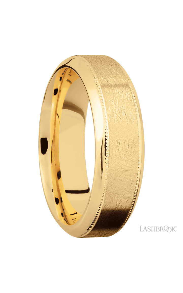 7 mm wide High Bevel Milgrain 14K Yellow Gold band.