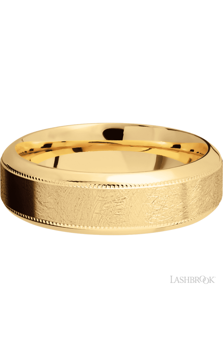 7 mm wide High Bevel Milgrain 14K Yellow Gold band.