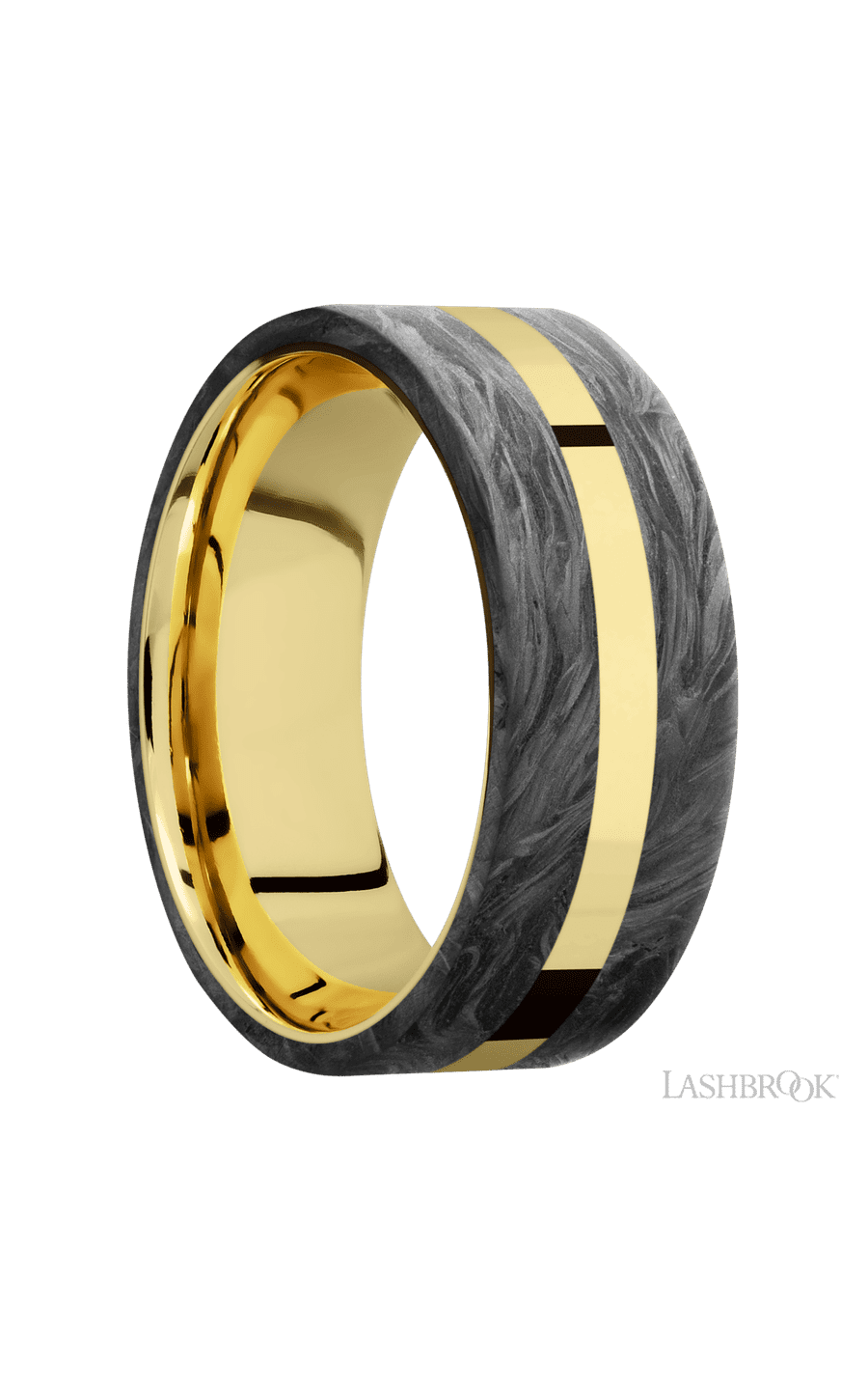 8 mm wide/Flat/14K Yellow Gold band with two 3 mm Double Off Center Edge inlays of Forged Carbon Fiber.