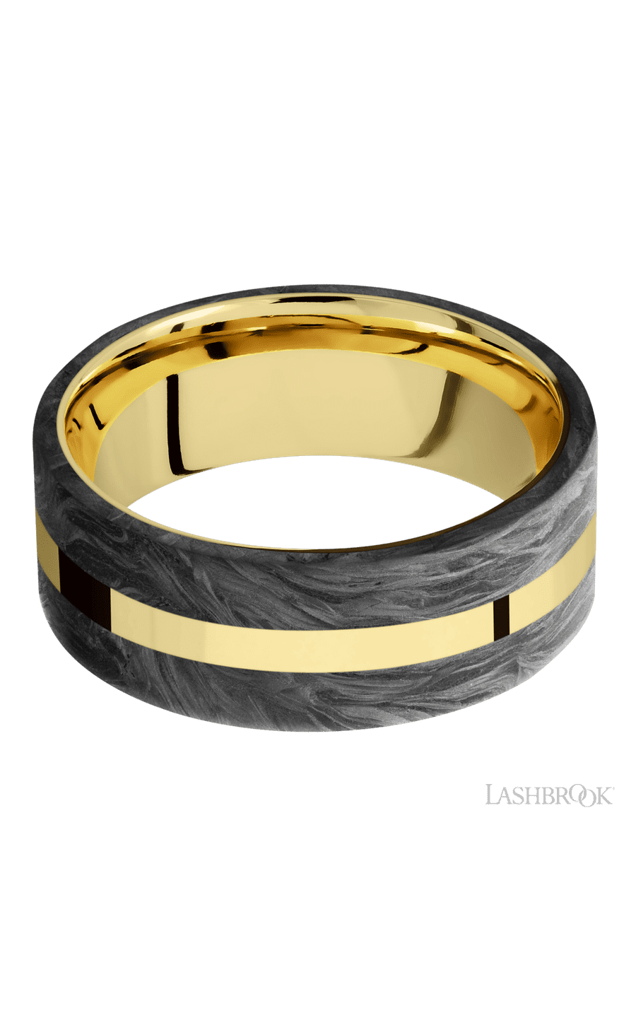 8 mm wide/Flat/14K Yellow Gold band with two 3 mm Double Off Center Edge inlays of Forged Carbon Fiber.