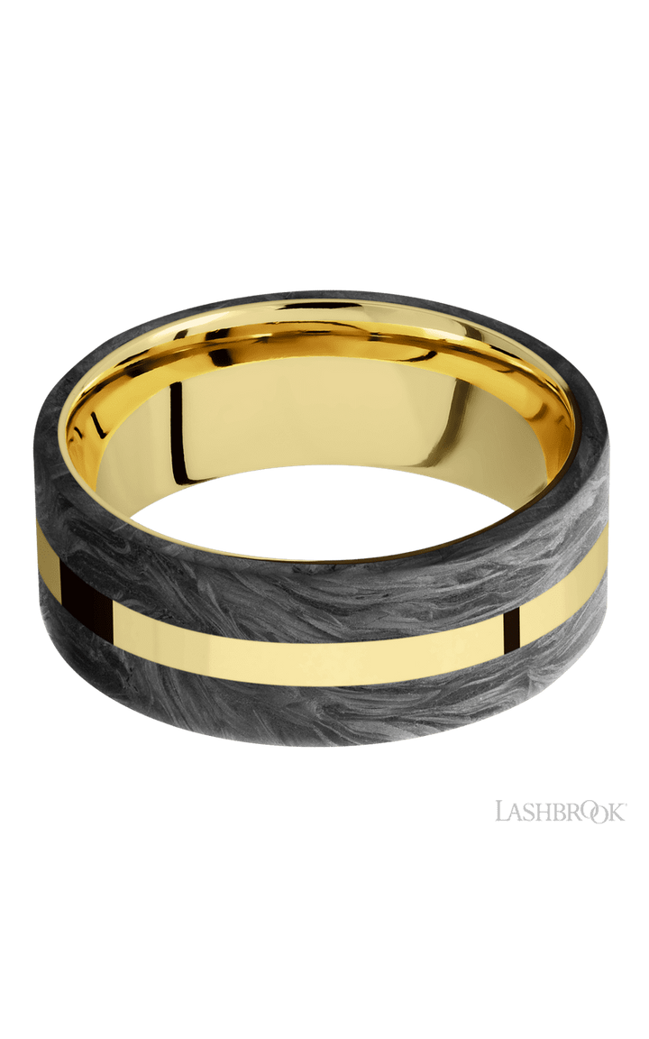 8 mm wide/Flat/14K Yellow Gold band with two 3 mm Double Off Center Edge inlays of Forged Carbon Fiber.
