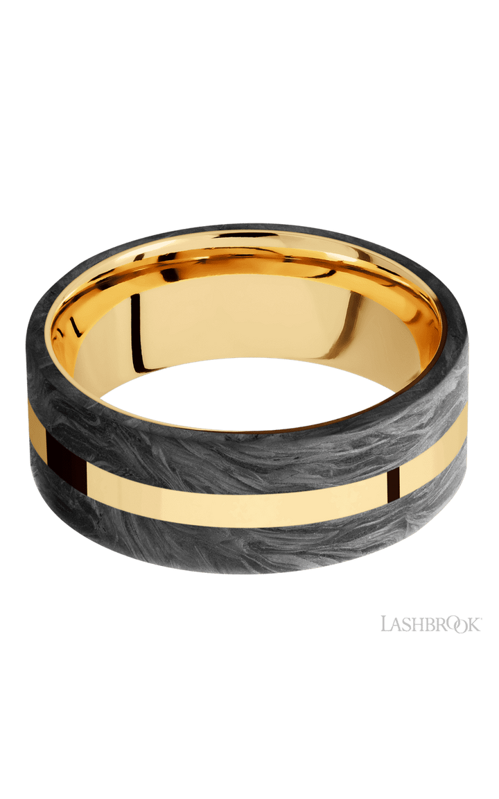 8 mm wide/Flat/14K Yellow Gold band with two 3 mm Double Off Center Edge inlays of Forged Carbon Fiber.