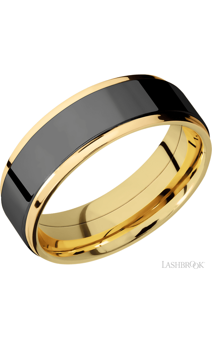 7 mm wide/Flat Grooved Edges/14K Yellow Gold band with one 5 mm Raised Centered inlay of Zirconium.
