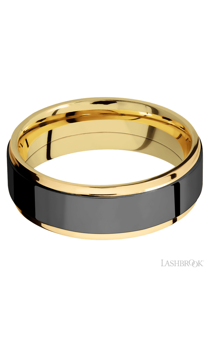 7 mm wide/Flat Grooved Edges/14K Yellow Gold band with one 5 mm Raised Centered inlay of Zirconium.
