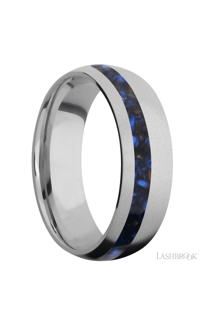 7 mm wide/Domed/Titanium band with one 2 mm Off Center inlay of Blue Tiger Eye.