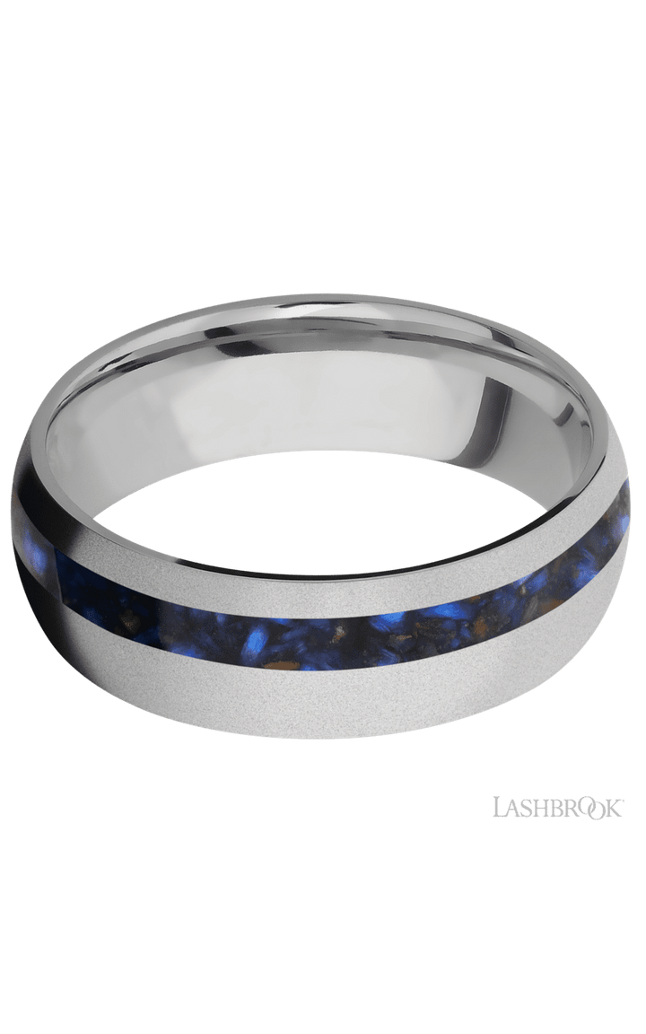 7 mm wide/Domed/Titanium band with one 2 mm Off Center inlay of Blue Tiger Eye.