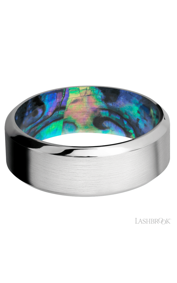 8 mm wide High Bevel Cobalt Chrome band featuring a Abalone sleeve.