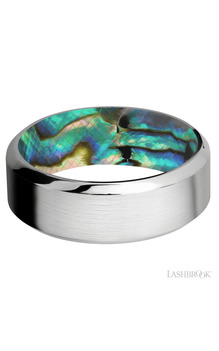 8 mm wide High Bevel Cobalt Chrome band featuring a Abalone sleeve.