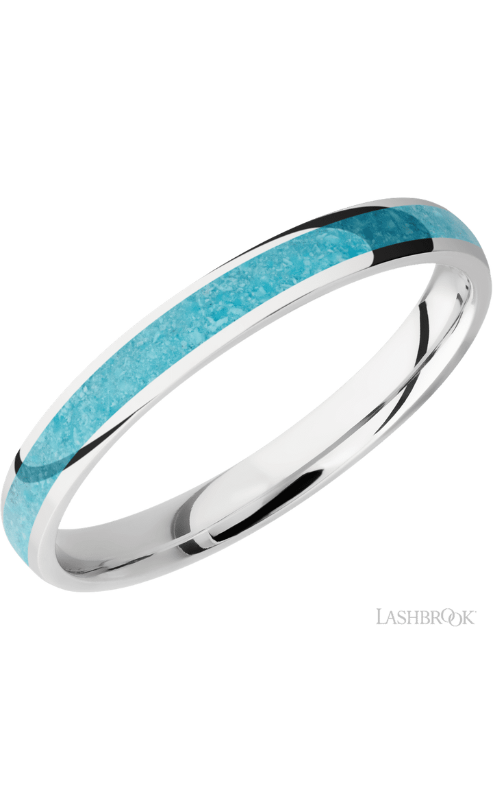 3 mm wide/Domed/Cobalt Chrome band with one 2 mm Centered inlay of Turquoise.