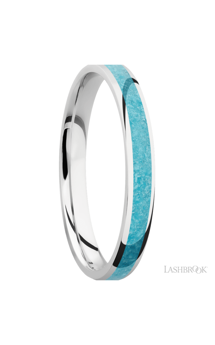 3 mm wide/Domed/Cobalt Chrome band with one 2 mm Centered inlay of Turquoise.
