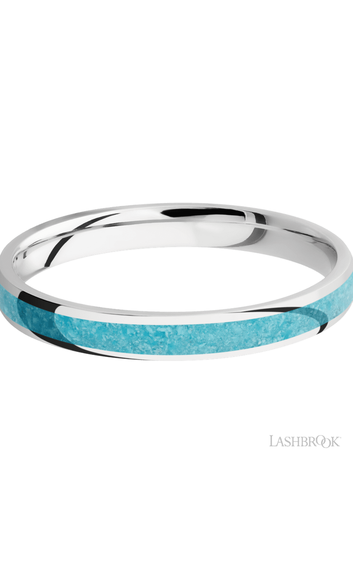 3 mm wide/Domed/Cobalt Chrome band with one 2 mm Centered inlay of Turquoise.