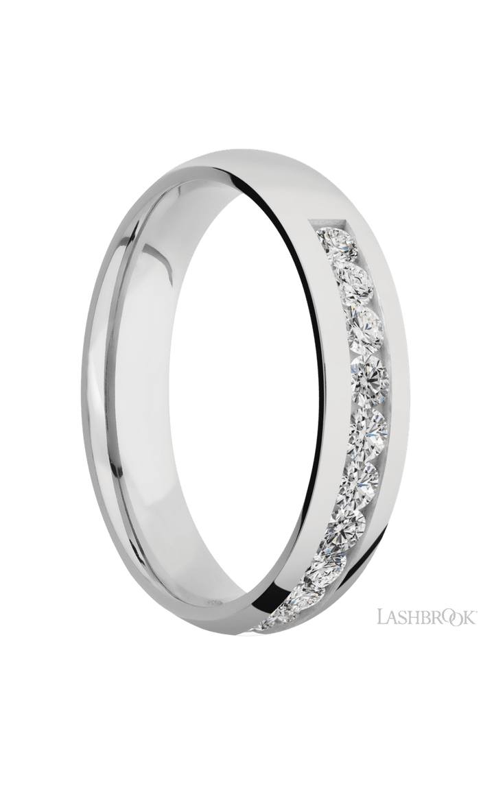 5 mm wide/Domed/Cobalt Chrome band with a Half Eternity arrangement of .07 carat Round Diamond stones in a Channel setting.