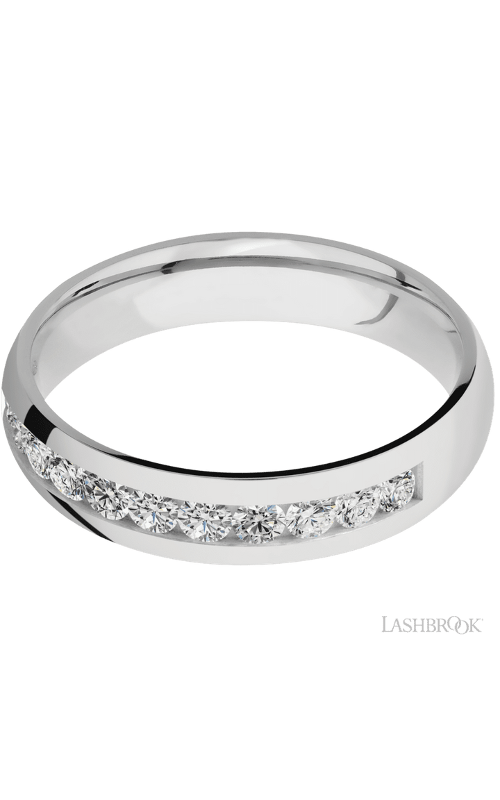 5 mm wide/Domed/Cobalt Chrome band with a Half Eternity arrangement of .07 carat Round Diamond stones in a Channel setting.