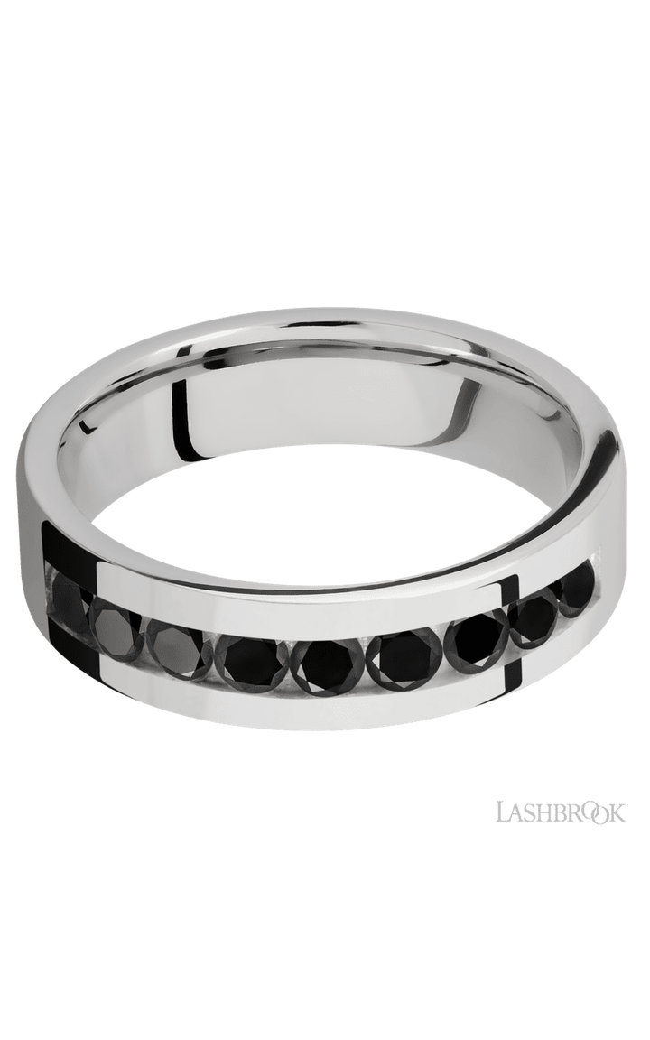 6 mm wide/Flat/Cobalt Chrome band with an  arrangement of 9, .1 carat Round Black Diamond stones in a Channel setting.