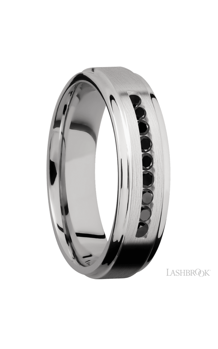 6 mm wide/Flat Grooved Edges/Cobalt Chrome band with an  arrangement of 9, .03 carat Round Black Diamond stones in a Channel setting.