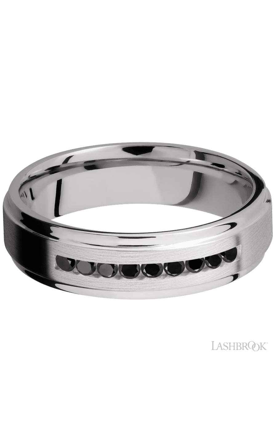 6 mm wide/Flat Grooved Edges/Cobalt Chrome band with an  arrangement of 9, .03 carat Round Black Diamond stones in a Channel setting.