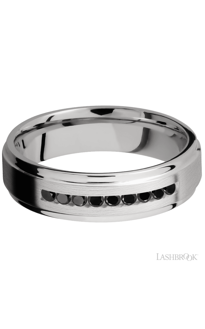 6 mm wide/Flat Grooved Edges/Cobalt Chrome band with an  arrangement of 9, .03 carat Round Black Diamond stones in a Channel setting.