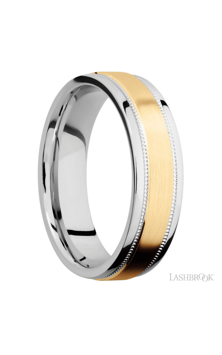 6 mm wide/Flat Stepped Edges Milgrain/Cobalt Chrome band with one 3 mm Raised Centered inlay of 14K Yellow Gold.