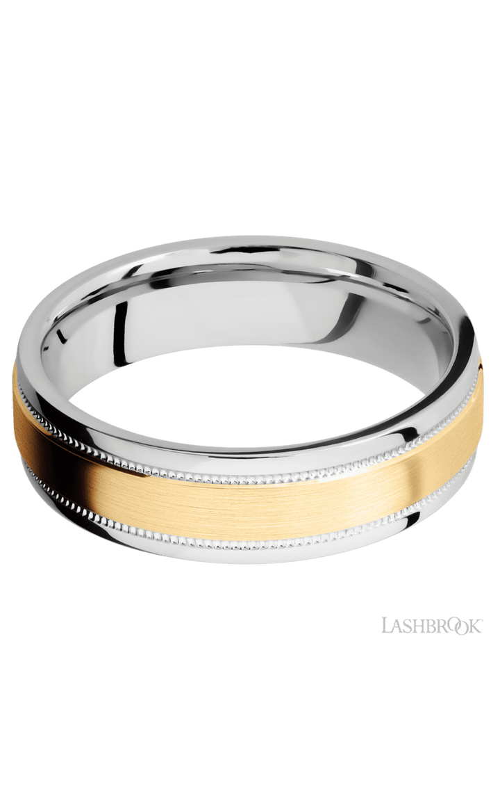 6 mm wide/Flat Stepped Edges Milgrain/Cobalt Chrome band with one 3 mm Raised Centered inlay of 14K Yellow Gold.