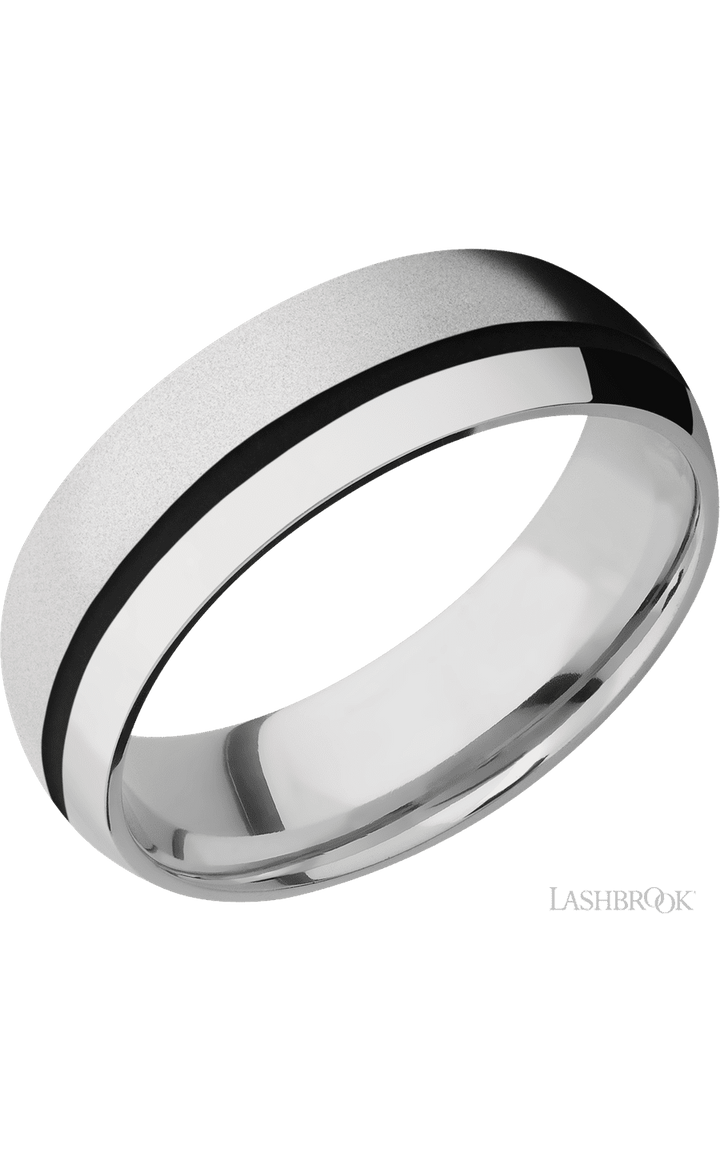 7 mm wide/Domed/Cobalt Chrome band with one 1 mm Off Center inlay of Black.